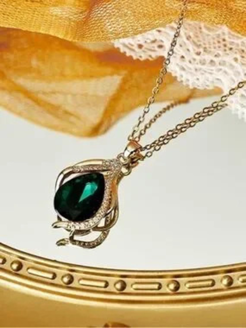 Anthropologie Gold Necklace with Emerald Green Teardrop Pendant